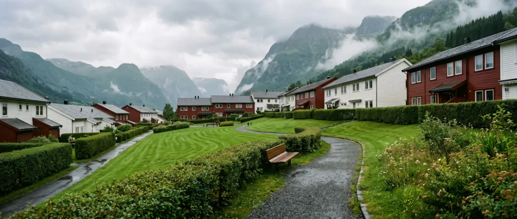 Velstelt uteområde i borettslag med klippet plen, hekk og gangsti, trehus og fjell i bakgrunnen – illustrasjon av grøntvedlikehold i Bergen