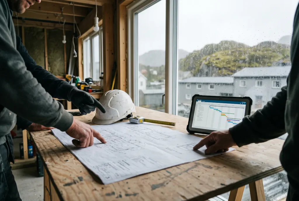 Byggetegninger, nettbrett med fremdriftsplan og hjelm på arbeidsbord i bygg under ombygging – illustrasjon av prosjektledelse i Bergen
