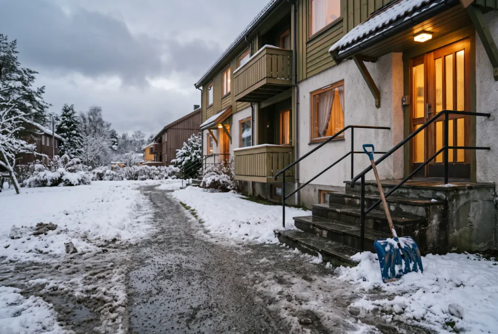 Snøryddet og strødd gangvei og inngangstrapp ved boligblokk i vintervær – illustrasjon av snørydding og strøing i Bergen