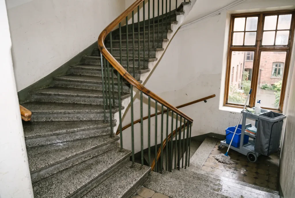 Nyvasket trappeoppgang i eldre murgård med renholdstralle – illustrasjon av trappevask og renhold av fellesarealer i Bergen